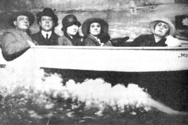 From left to right: Valery Larbaud, Léon-Paul Fargue, Marie Monnier, Sylvia Beach, and Adrienne Monnier in 1924 the fair at the Quai d’Orsay in Paris