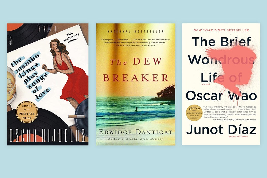 The covers of Oscar Hijuelos’s The Mambo Kings Play Songs of Love (1989), Edwidge Danticat’s The Dew Breaker (2004), and Junot Díaz’s The Brief Wondrous Life of Oscar Wao (2007).