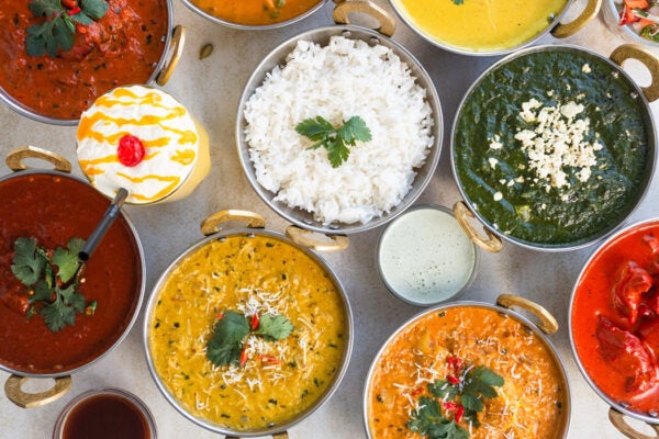 Table top view of Indian food on table.