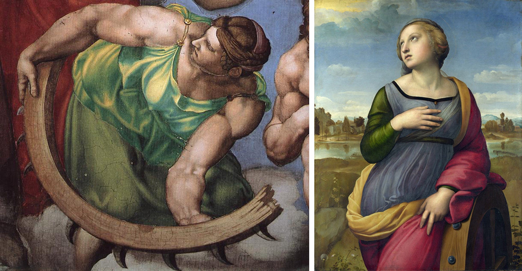 (Left) Saint Catherine of Alexandria in a detail of the Sistine Chapel bay Michelangelo, and (right) Saint Catherine of Alexandria by Raphael