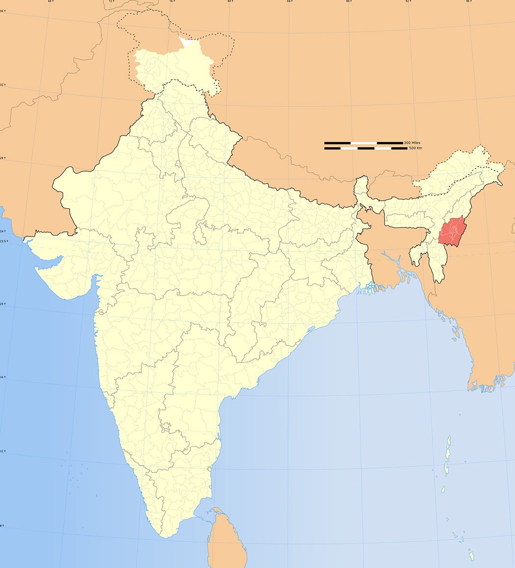 A map of India with Manipur highlighted in red