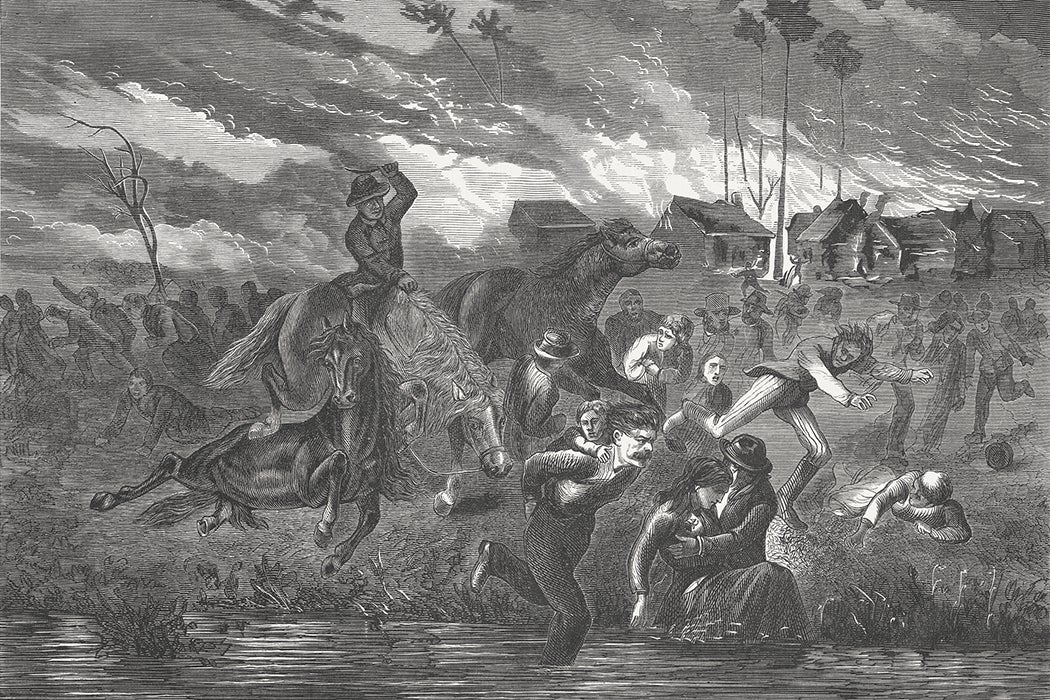 The Peshtigo Fire on October 8, 1871, Wood engraving, published in 1872.