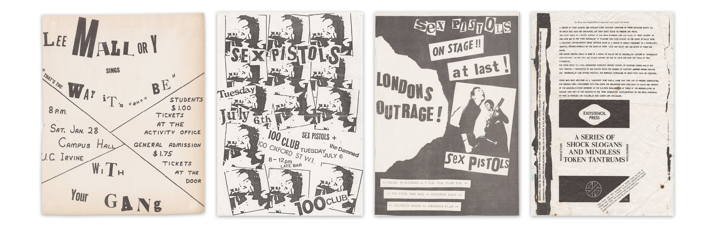 From left to right: A flyer featuring ransom note lettering in Irvine, California in 1967, well before Jamie Ried began to make the look iconic; A Sex Pistols poster in the Jamie Ried style, ca July 1976; A November 1976 Sex Pistols flyer, also in the recognizable Reid style; A page from Crass’s A Series of Mindless Slogans and Mindless Token Tantrums, ca 1982