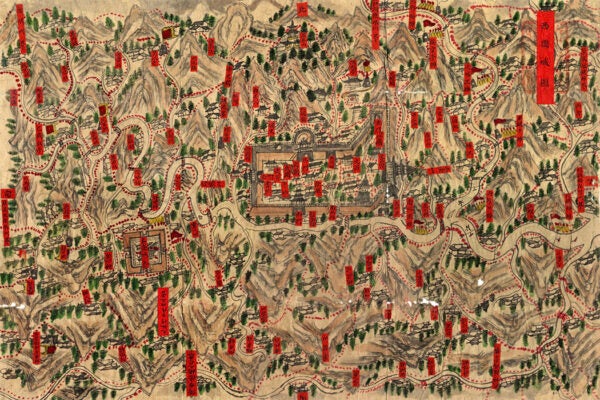 A map that shows mountains and roads in Xigu Cheng