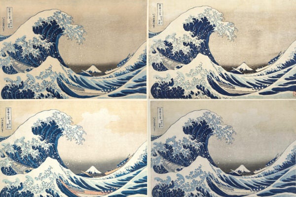 Four versions of Hokusai's Great Wave, from the Art Institute of Chicago, LACMA, Tokyo National Museum, and British Museum