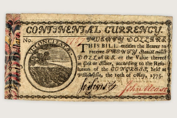 Continental Currency $20 banknote with marbled edge (May 10, 1775)