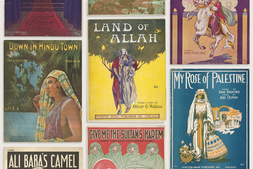 A collage of cover images from Johns Hopkins’ Collection of Middle East-inspired Sheet Music