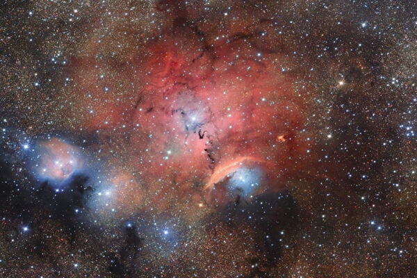 The OmegaCAM imager on ESO’s VLT Survey Telescope has captured this glittering view of the stellar nursery called Sharpless 29. Many astronomical phenomena can be seen in this giant image, including cosmic dust and gas clouds that reflect, absorb, and re-emit the light of hot young stars within the nebula.