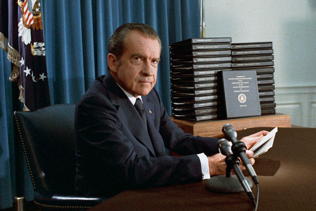 President Nixon with his edited transcripts of the White House Tapes subpoenaed by the Special Prosecutor, during his speech to the Nation on Watergate