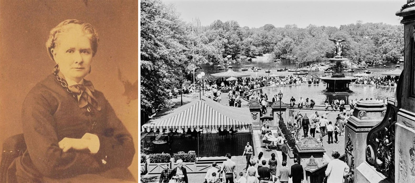 (Left) Emma Stebbins circa 1875 and (Right) crowds of people gathered around the Bethesda Fountain, surmounted by the Angel of the Waters statue, by Emma Stebbins