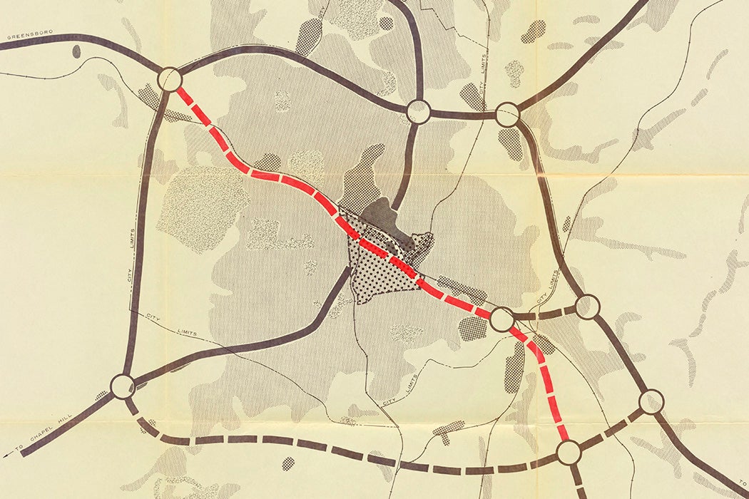 Map depicting existing and proposed structures and modifications to the Hayti neighborhood in Durham, NC, 1960