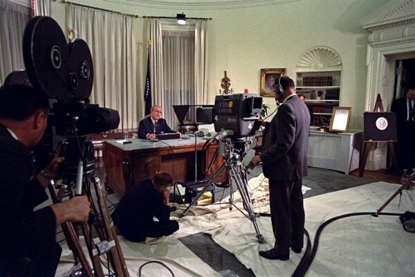 President Lyndon B. Johnson addresses the Nation, announcing a bombing halt in Vietnam and his intention not to run for re-election, 1968