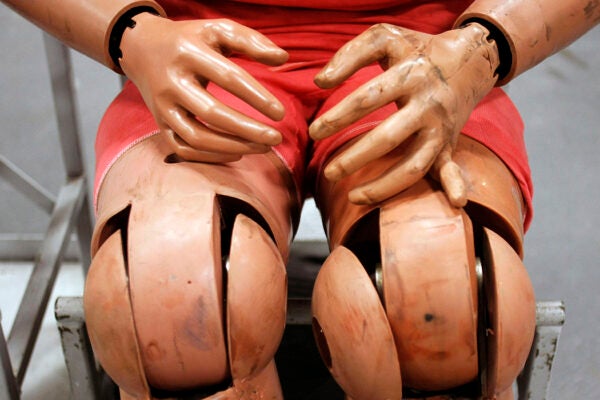 A Ford crash test dummy is shown at the Crash Barrier Dearborn Development Center March 10, 2014 in Dearborn, Michigan.