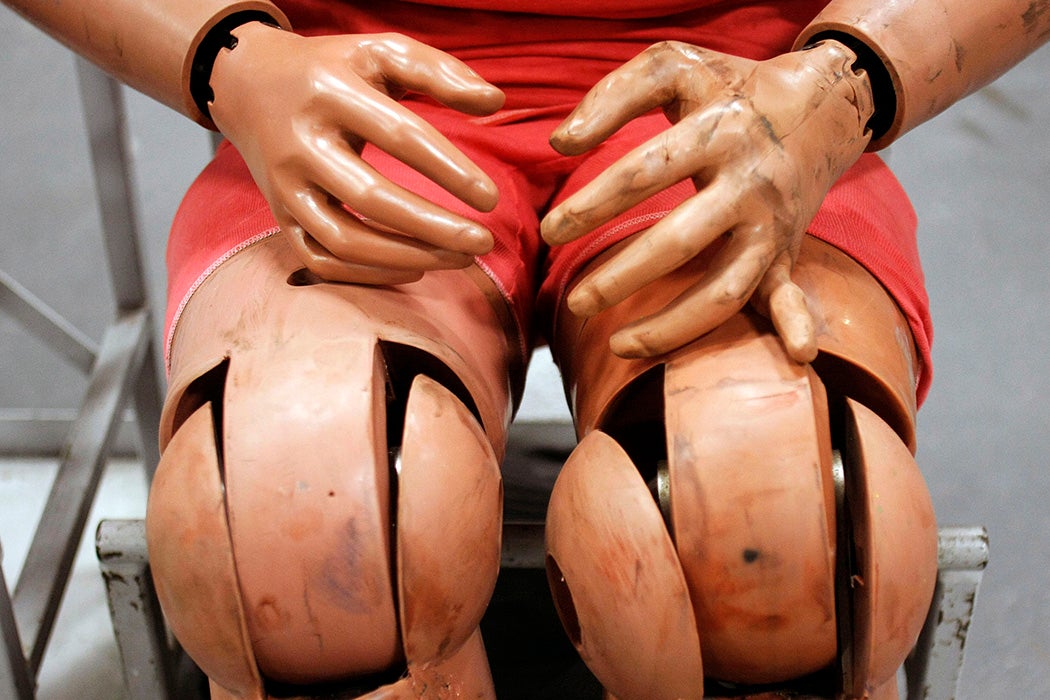 A Ford crash test dummy is shown at the Crash Barrier Dearborn Development Center March 10, 2014 in Dearborn, Michigan.