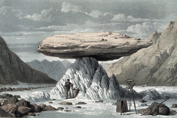 A flat boulder raised on a pinnacle of ice, by Louis Haghe after J.D. Forbes