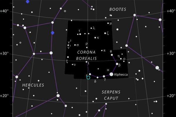 The location of T Coronae Borealis (circled in cyan)