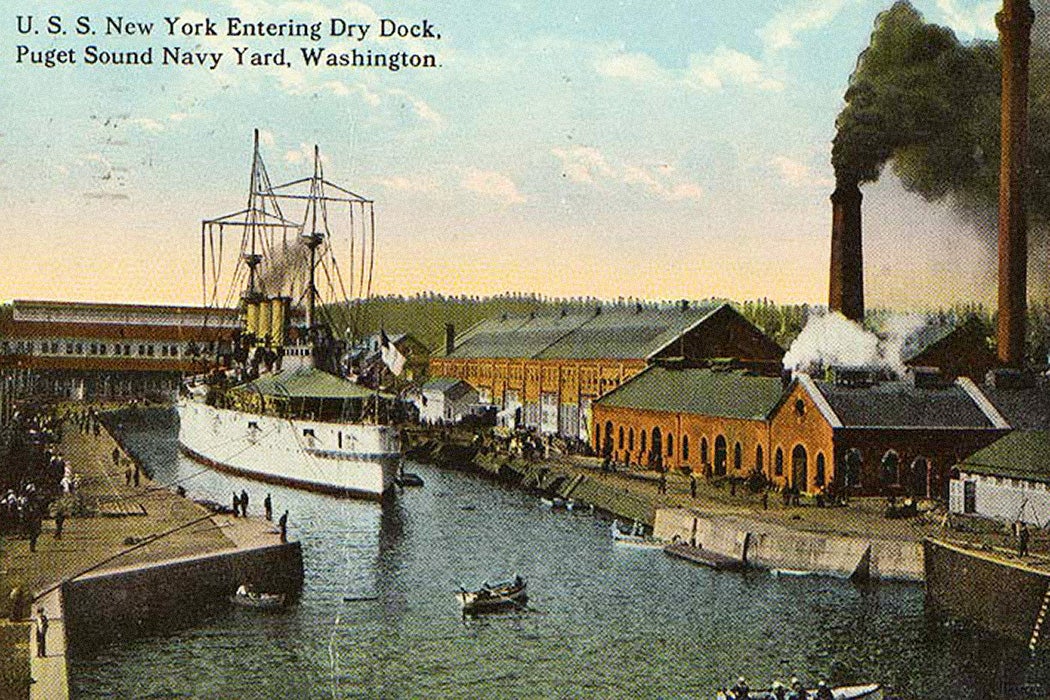 Battleship NEW YORK at the Puget Sound Naval Shipyard dry dock, Bremerton, Washington, ca. 1914