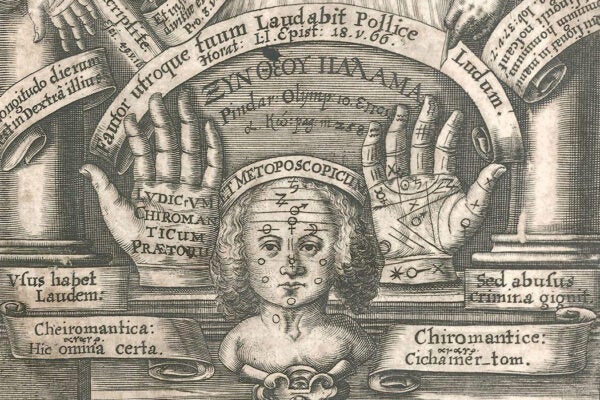 Ludicrum chiromanticum Praetorii engraved title page emblematizes chiromancy's practical and philosophical components. In the center of the page a pair of hands flank a face; planetary symbols adorn their key features.