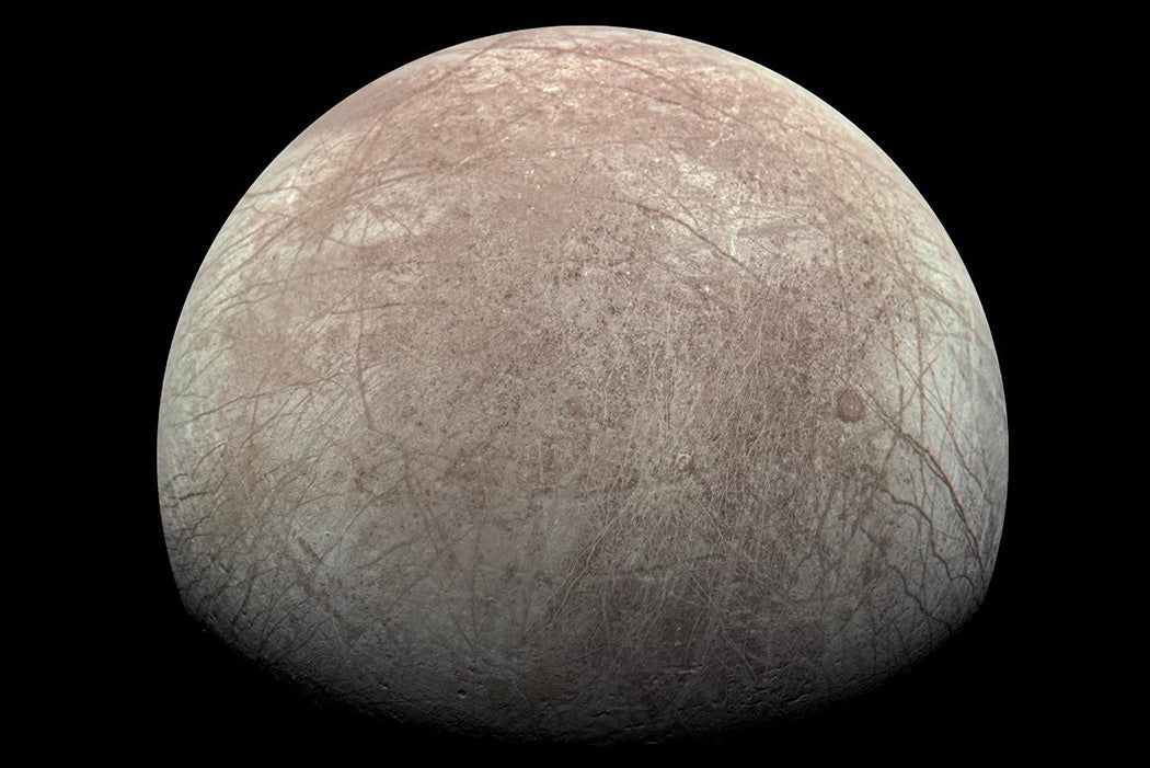 A view of Europa captured by JunoCam, the public engagement camera aboard NASA's Juno spacecraft, 2022