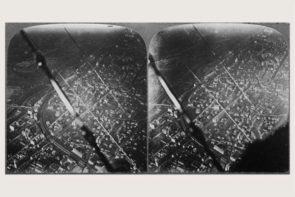 Stereoscopic image showing an aerial view of a German town, ca 1916