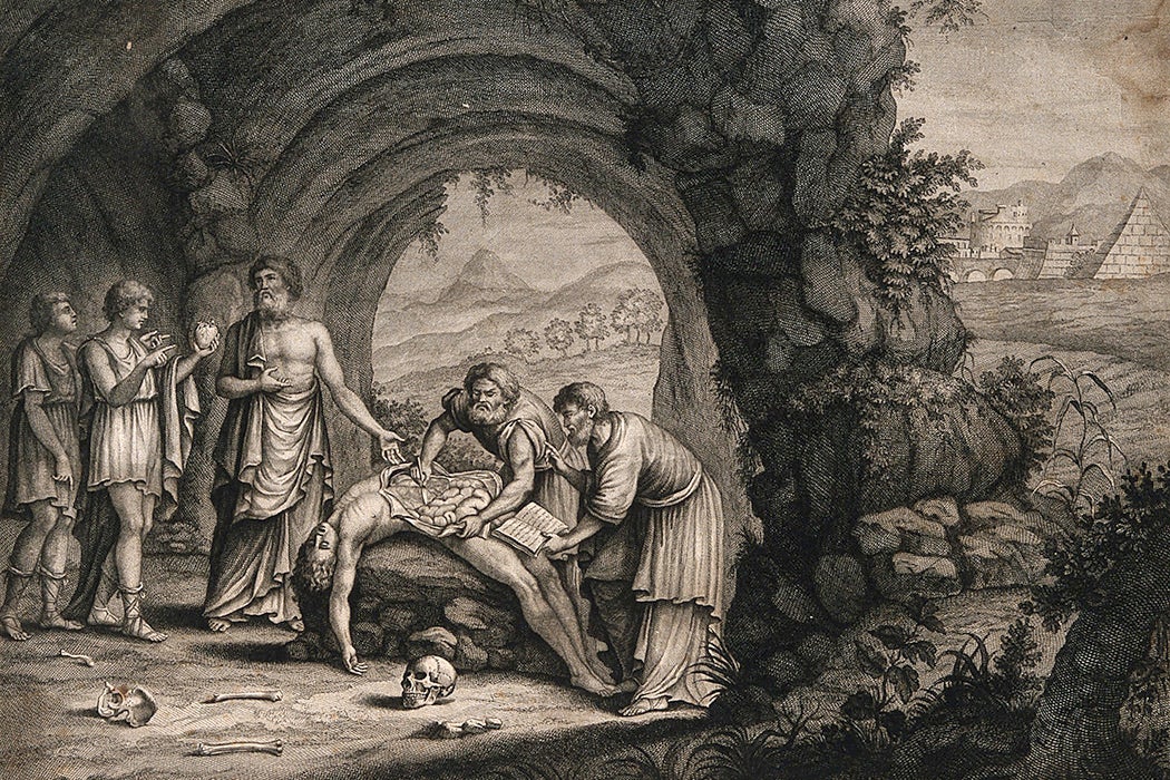 A scene of anatomical dissection in the ancient world