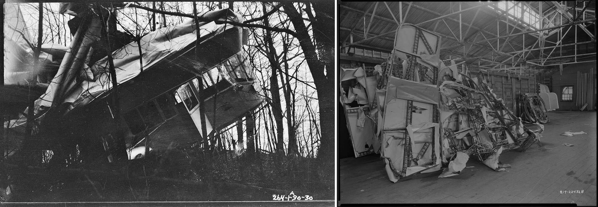 Left: The wreckage of the Puritan, 1930. Right: The wreckage of the Columbia, 1932. Goodyear Records at the UA Archives.