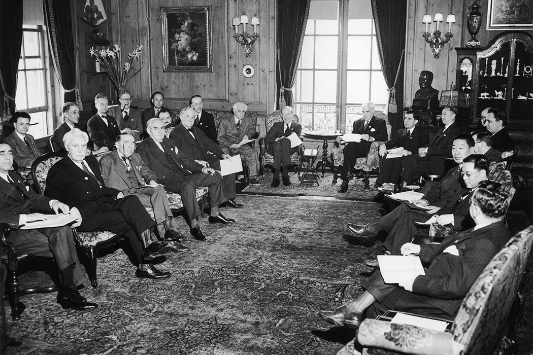 Meeting of 'Big Five' (US, UK, France, China and the USSR), part of the delegates of fifty nations agreeing upon the Charter of the United Nations and the Statute of the New International Court of Justice, San Francisco, California, May 29, 1945