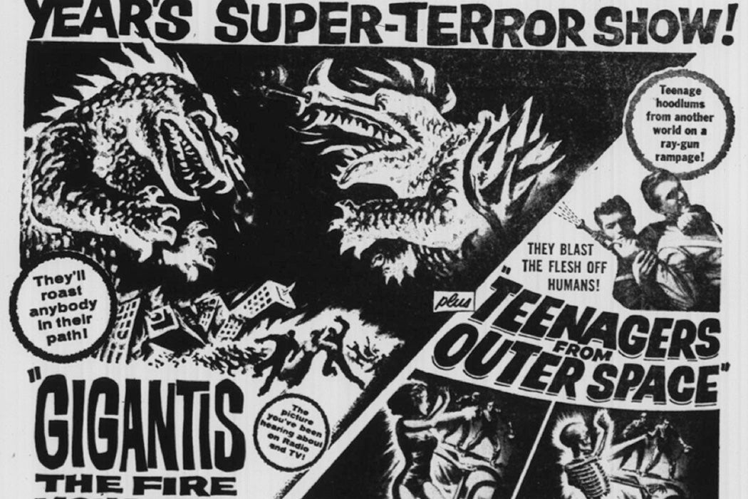 Bowie Theater advertisement for double-feature: Teenagers from Outer Space and Gigantis, the Fire Monster, June 26, 1959, Brownwood, TX