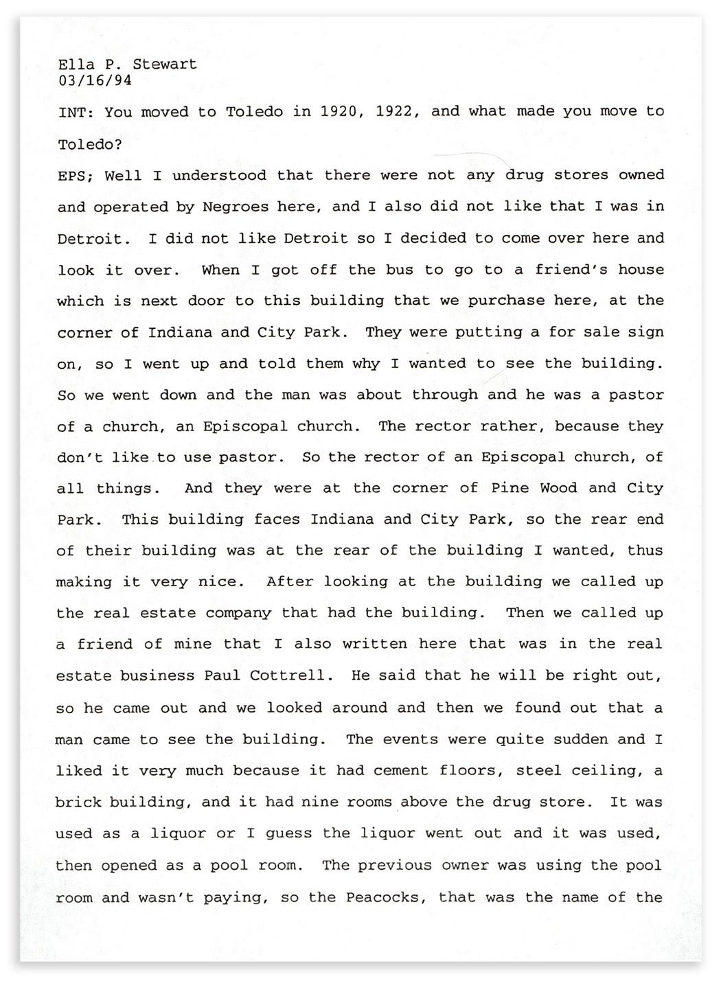 The first page of a transcribed interview with Ella P. Stewart from 1994.