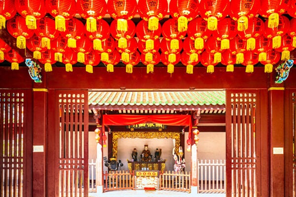 Interior courtyard at the Thian Hock Keng Temple in the Tanjong Pagar area of downtown Singapore, a traditional Taoist temple established in 1839